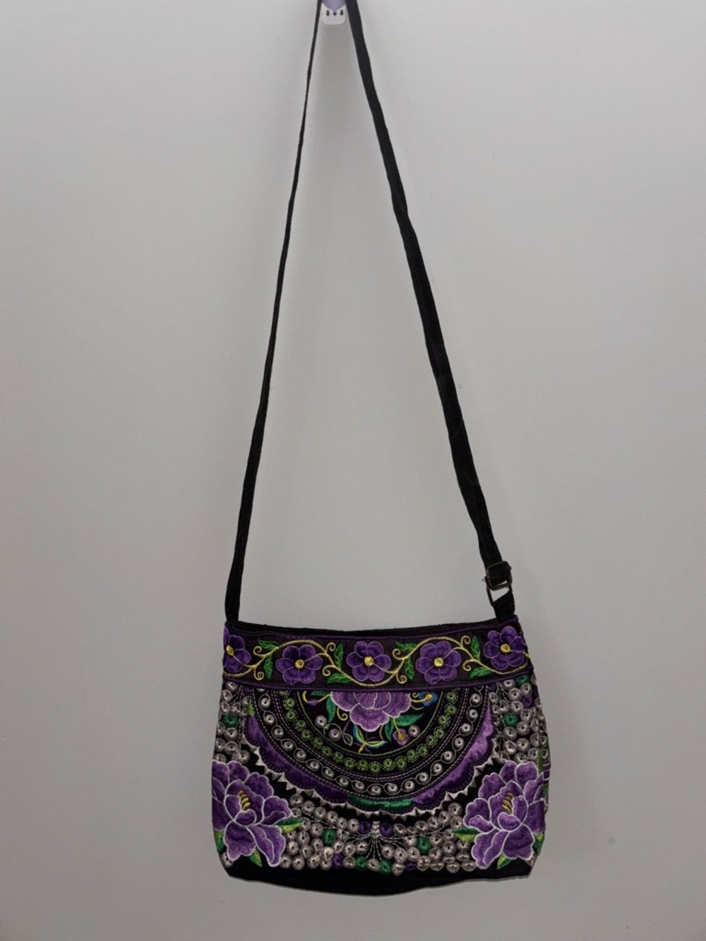 Purple Embroidered Floral Crossbody Bag with Adjustable Strap